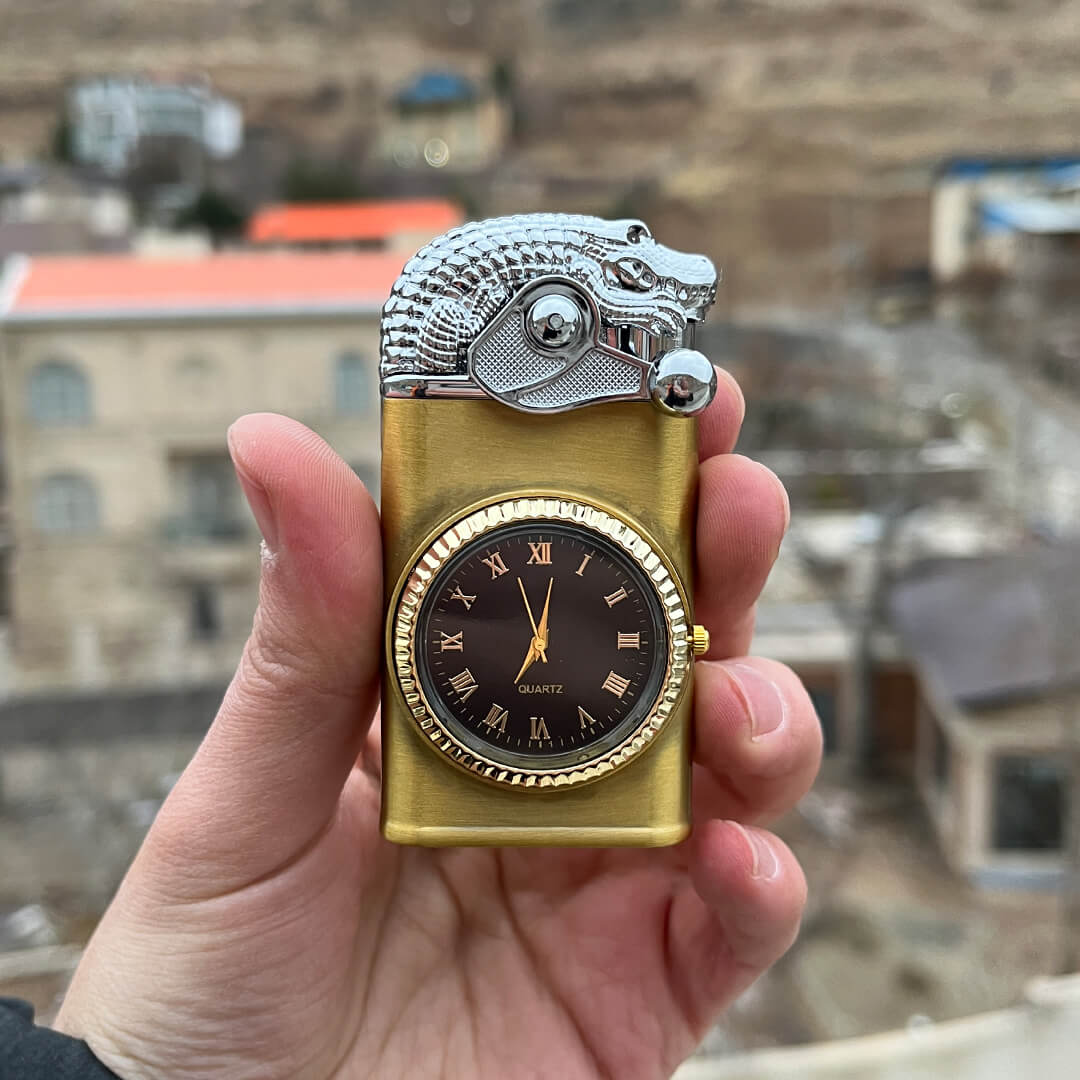crocodile-lighter-with-clock-1 فندک دو حالته تمساح ساعت دار Crocodile Lighter Clock